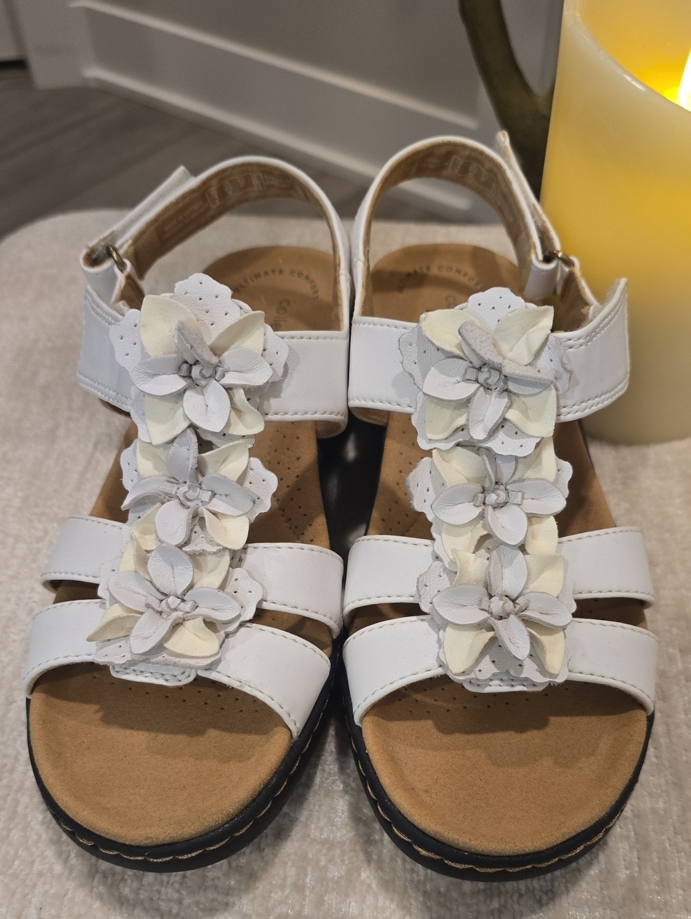 Clarks White Floral T-Strap Sandals with Cream Accents
